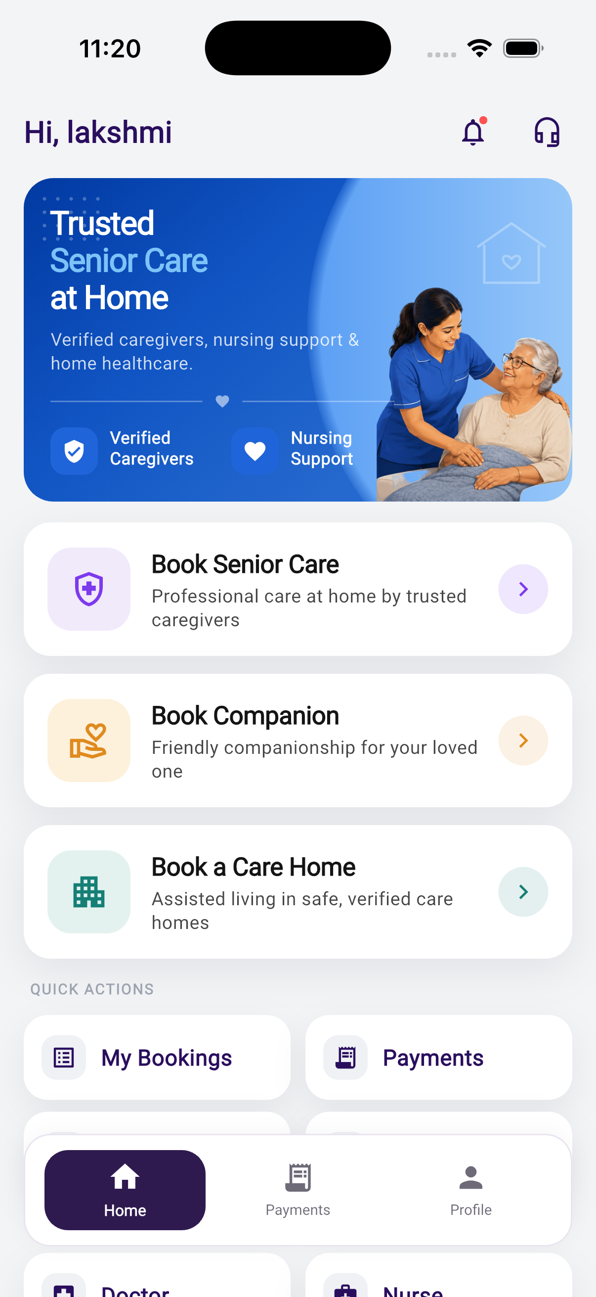 Pulso app home screen showing senior care booking options and quick actions