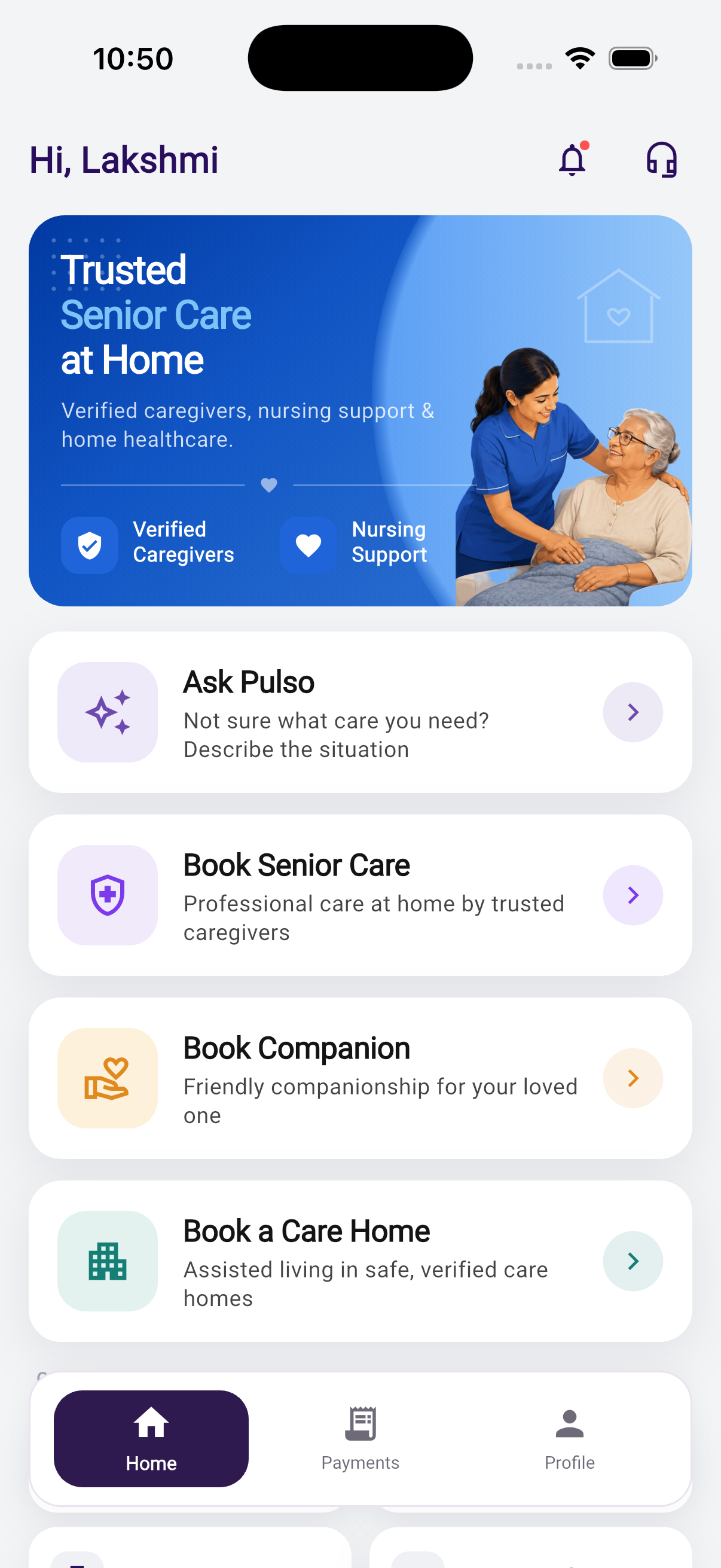 Pulso app home screen showing Ask Pulso plus senior care, companion and care home booking options
