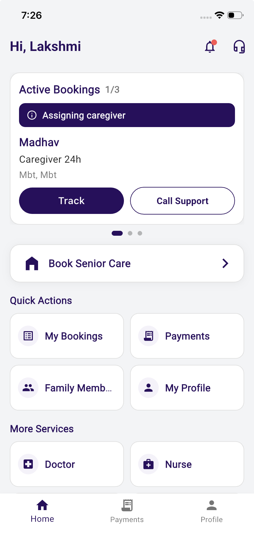 Pulso app home screen showing active booking and quick actions