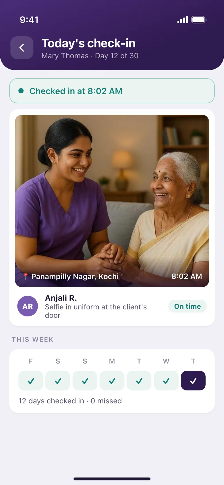 Today's check-in: photo at the client's home with place and time, and a week of completed check-ins
