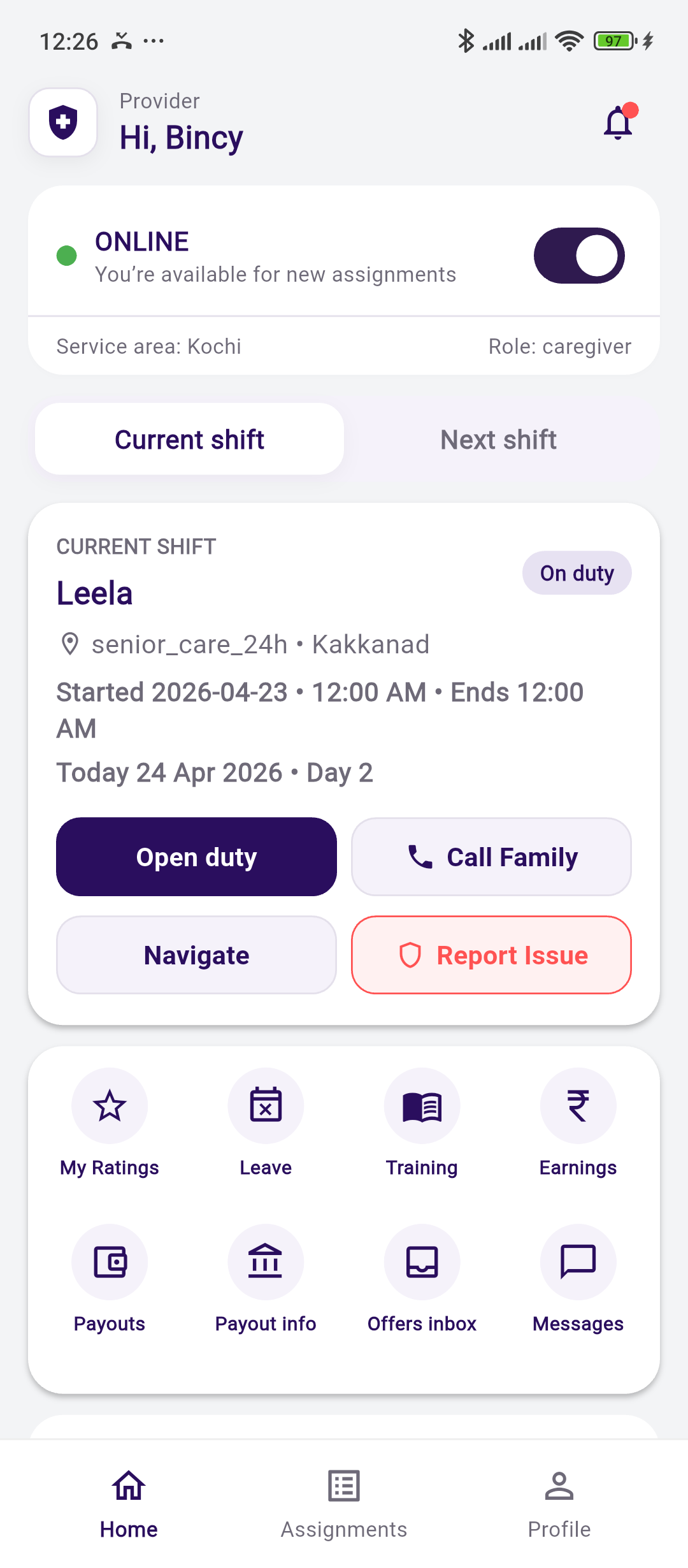 Pulso app caregiver home screen showing online status, current shift, quick actions, training, earnings, payouts, and messages.